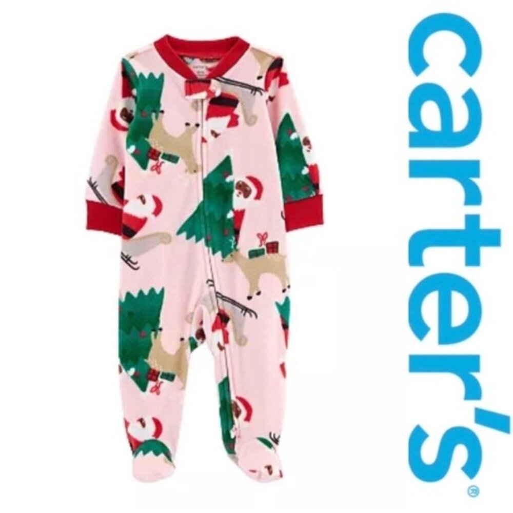 Carter's | Pink Christmas Santa Zip-Up Fleece Sleep & Play | Size 18 Months